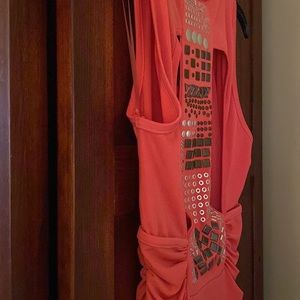 Womens Ruched Sides Top with Beautiful Studding on the Rear of the Top, Coral, S